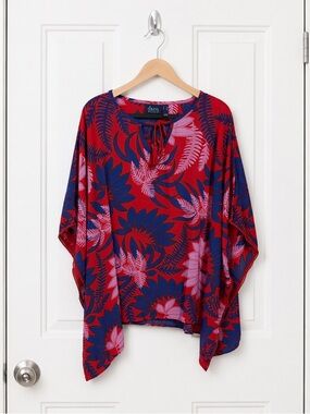 D&Co Beach Red Blue Pink Tropical Leaf‎ Tassel V Neck Caftan Cover Up M L